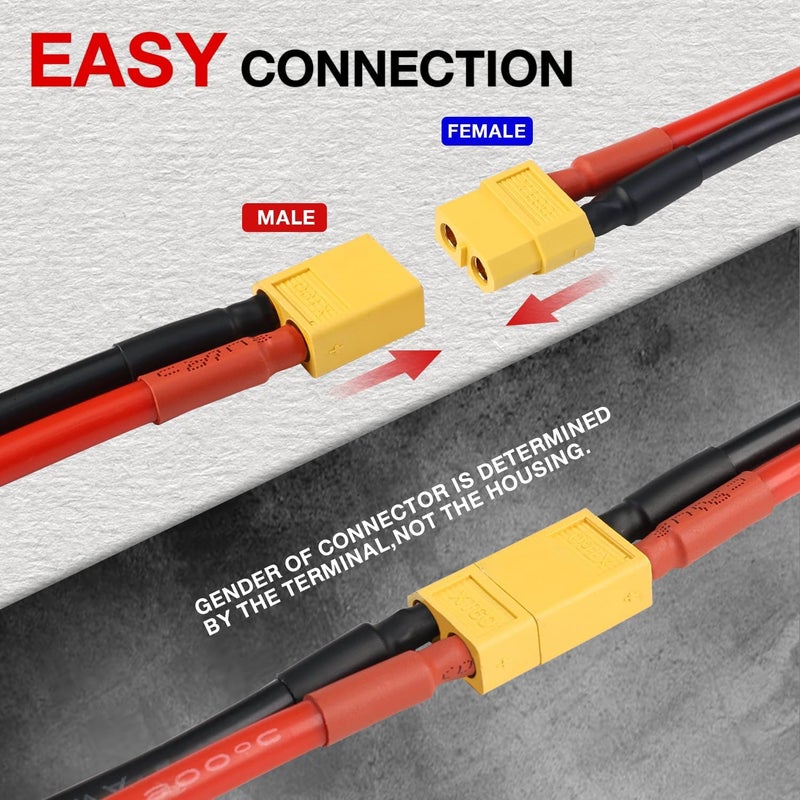 TMH 3 Pairs XT60 Plug Connector Female and Male with 50mm - 14 AWG Soft Silicone Wire for RC Lipo Battery FPV Cable Drone Car Boat (3 Male+3 Female) - Image 5